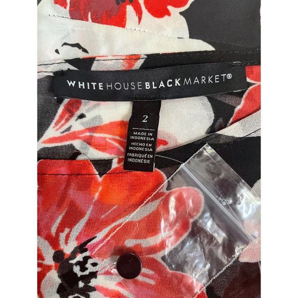 WHBM Black Red/Pink and White Tie-Sleeve Floral Blouse 2 - Picture 7 of 7